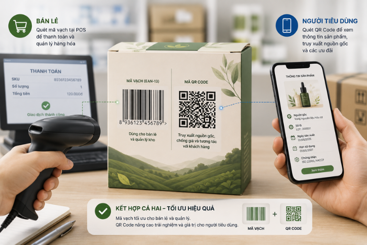Mã vạch và QR Code được kết hợp trên bao bì để hỗ trợ bán hàng, quản lý kho, truy xuất nguồn gốc và tương tác với người tiêu dùng.