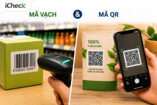 So sánh mã vạch và mã QR trên bao bì sản phẩm, minh họa sự khác biệt giữa quét bằng máy đọc mã vạch và quét QR Code bằng điện thoại để truy xuất thông tin.