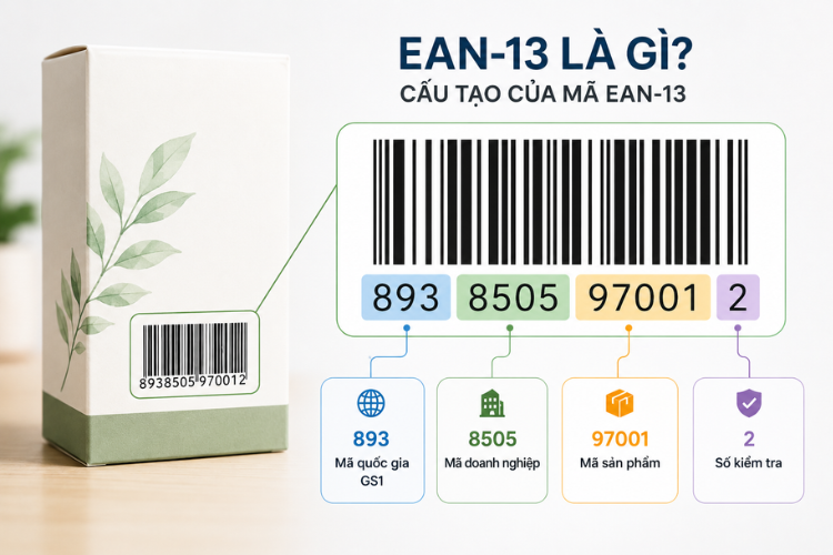 Minh họa sự khác biệt giữa EAN-8 và EAN-13 trên bao bì sản phẩm, cho thấy EAN-8 được thiết kế dành cho các sản phẩm có diện tích in ấn hạn chế.