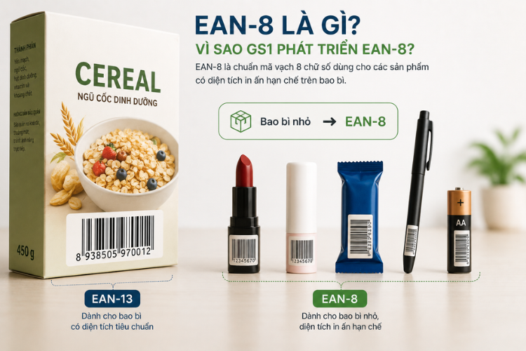 Minh họa lý do GS1 phát triển mã vạch EAN-8 để đáp ứng nhu cầu in mã vạch trên các sản phẩm có bao bì nhỏ so với EAN-13.