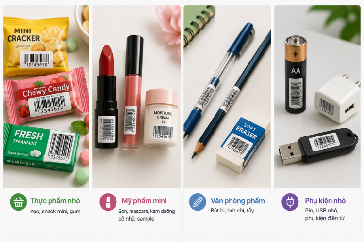 Ví dụ các nhóm sản phẩm có diện tích bao bì nhỏ thường sử dụng mã vạch EAN-8 như thực phẩm mini, mỹ phẩm cỡ nhỏ, văn phòng phẩm và phụ kiện điện tử.