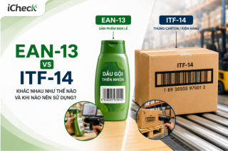 So sánh mã vạch EAN-13 và ITF-14 trên sản phẩm bán lẻ và thùng carton, minh họa sự khác biệt về ứng dụng trong bán lẻ và quản lý logistics.