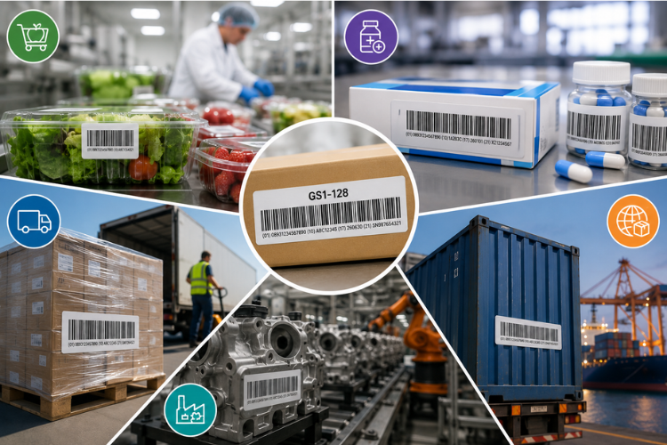 Ứng dụng mã vạch GS1-128 trong thực phẩm, dược phẩm, logistics, sản xuất và xuất khẩu.