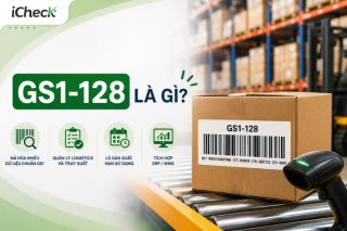 Minh họa mã vạch GS1-128 trên nhãn logistics với thông tin GTIN, số lô, hạn sử dụng và số seri, ứng dụng trong quản lý kho vận và chuỗi cung ứng.