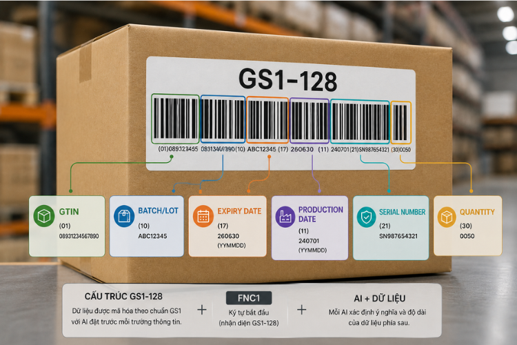 Mã vạch GS1-128 chứa GTIN, số lô, hạn sử dụng và các dữ liệu chuẩn hóa để quản lý chuỗi cung ứng.