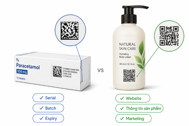 So sánh GS1 DataMatrix và QR Code về mục đích sử dụng, dữ liệu lưu trữ và ứng dụng thực tế.