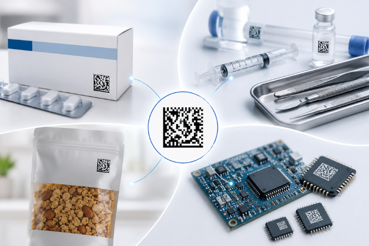 Ứng dụng GS1 DataMatrix trong dược phẩm, thiết bị y tế, thực phẩm, mỹ phẩm và điện tử để quản lý truy xuất nguồn gốc và serial hóa.