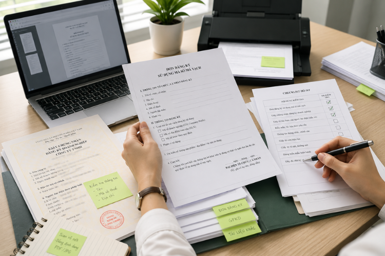 Người đang rà soát hồ sơ đăng ký mã số mã vạch với checklist, đơn đăng ký và giấy chứng nhận đăng ký doanh nghiệp trên bàn làm việc.