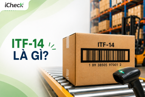 ITF-14 tr&ecirc;n th&ugrave;ng carton trong kho logistics, minh họa m&atilde; vạch GS1 d&ugrave;ng để quản l&yacute; đơn vị đ&oacute;ng g&oacute;i v&agrave; chuỗi cung ứng.