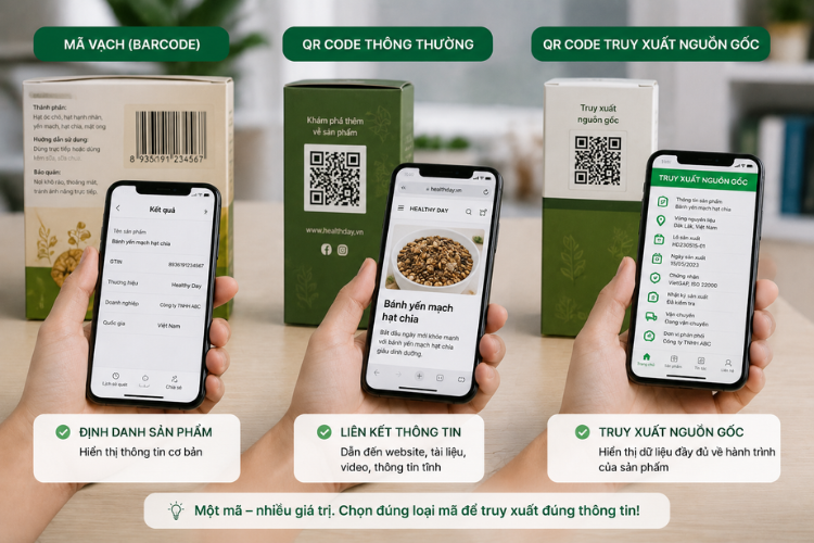 Ba sản phẩm minh họa kết quả khi quét mã vạch, QR Code thông thường và QR Code truy xuất nguồn gốc.