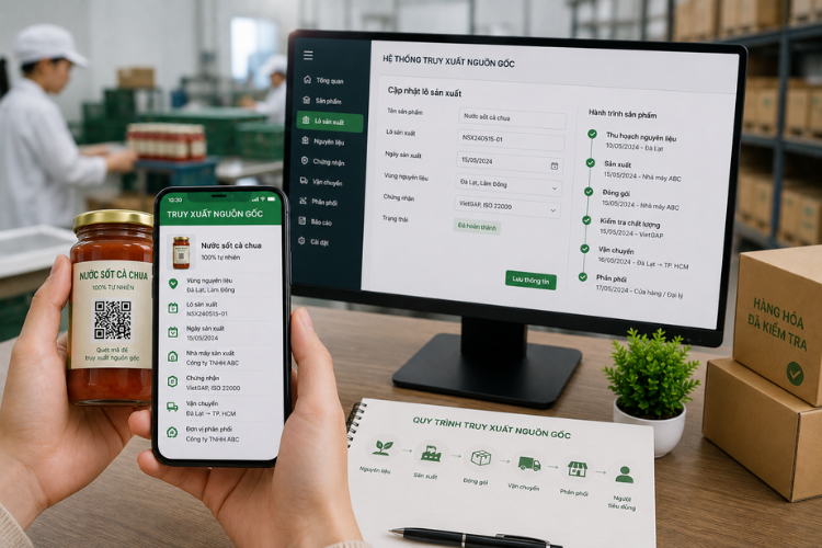 Người dùng quét QR Code trên sản phẩm trong khi doanh nghiệp quản lý dữ liệu vùng nguyên liệu, lô sản xuất, chứng nhận và vận chuyển trên hệ thống.