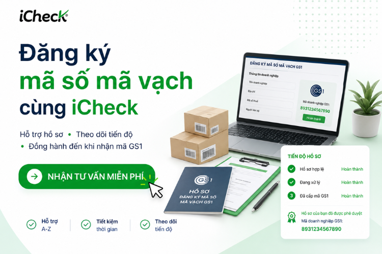 Poster dịch vụ đăng ký mã số mã vạch iCheck với giao diện hồ sơ GS1, nút nhận tư vấn miễn phí và tiến độ xử lý hồ sơ.