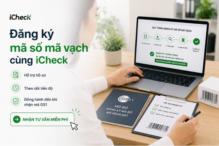 Người dùng theo dõi quy trình đăng ký mã số mã vạch trên laptop cùng bộ hồ sơ GS1 và phiếu đăng ký.