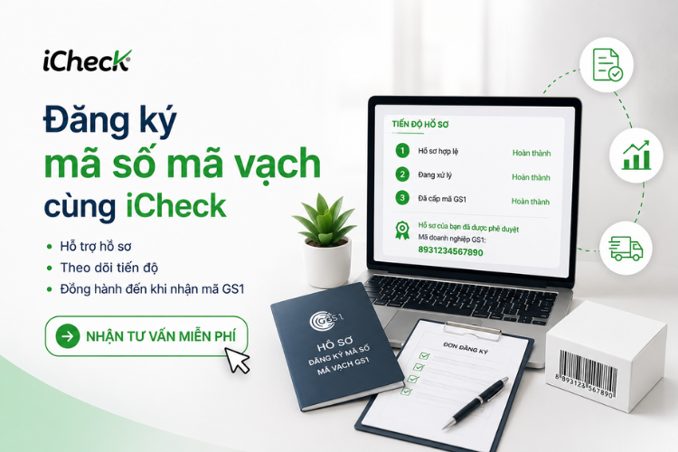 Poster dịch vụ đăng ký mã số mã vạch iCheck với màn hình theo dõi hồ sơ GS1, hồ sơ đăng ký và nút nhận tư vấn miễn phí.
